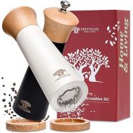 TREUTALER® Plastic-free salt and pepper mill with saucer, spice mill set made of solid wood with continuous stainless steel mechanism and ceramic grinder, white and black