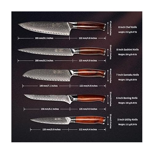  YARENH 8-Piece Damask Knife Set with Knife Block, 73 Layers High-Carbon Damascus Steel Cooking Kitchen Knife, Professional Sharp Chef's Knife Sets, Ergonomic Sandalwood Handle, with Gift Box