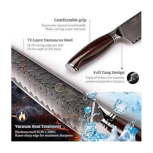  YARENH 8-Piece Damask Knife Set with Knife Block, 73 Layers High-Carbon Damascus Steel Cooking Kitchen Knife, Professional Sharp Chef's Knife Sets, Ergonomic Sandalwood Handle, with Gift Box