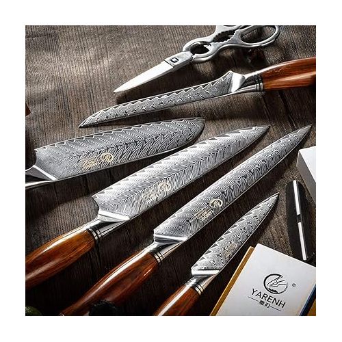  YARENH 8-Piece Damask Knife Set with Knife Block, 73 Layers High-Carbon Damascus Steel Cooking Kitchen Knife, Professional Sharp Chef's Knife Sets, Ergonomic Sandalwood Handle, with Gift Box