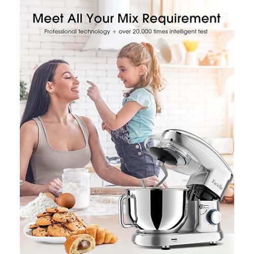  Facelle Food Processor, 1500 W, Dough Machine Mixing Machine with 6.2 L Stainless Steel Bowl, 6 Speeds, Low Noise Dough Kneading Machine Including Whisk, Dough Hook, Beater (Silver)