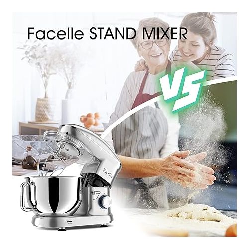  Facelle Food Processor, 1500 W, Dough Machine Mixing Machine with 6.2 L Stainless Steel Bowl, 6 Speeds, Low Noise Dough Kneading Machine Including Whisk, Dough Hook, Beater (Silver)