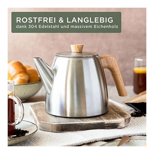  WALDWERK Teapot with Strainer Insert - Teapot Thermal Double Walled - Teapot with Strainer Made of 304 Stainless Steel - Tea Maker with Real Oak Wood Handles - Tea Pot 100% Drip-Free