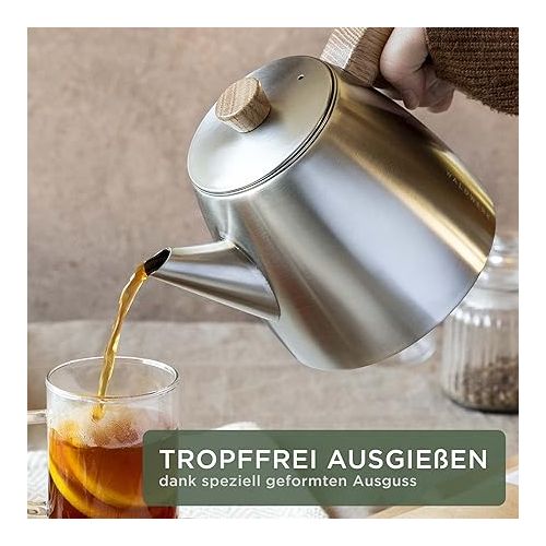  WALDWERK Teapot with Strainer Insert - Teapot Thermal Double Walled - Teapot with Strainer Made of 304 Stainless Steel - Tea Maker with Real Oak Wood Handles - Tea Pot 100% Drip-Free