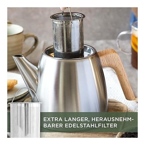  WALDWERK Teapot with Strainer Insert - Teapot Thermal Double Walled - Teapot with Strainer Made of 304 Stainless Steel - Tea Maker with Real Oak Wood Handles - Tea Pot 100% Drip-Free