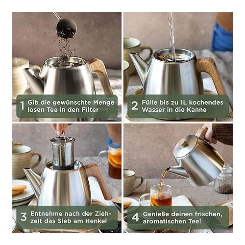  WALDWERK Teapot with Strainer Insert - Teapot Thermal Double Walled - Teapot with Strainer Made of 304 Stainless Steel - Tea Maker with Real Oak Wood Handles - Tea Pot 100% Drip-Free