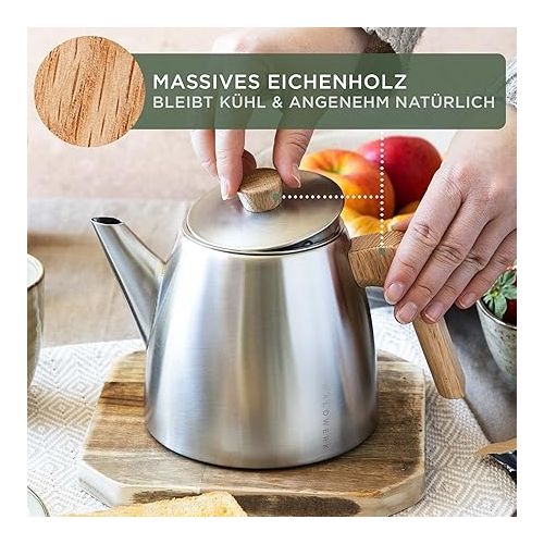  WALDWERK Teapot with Strainer Insert - Teapot Thermal Double Walled - Teapot with Strainer Made of 304 Stainless Steel - Tea Maker with Real Oak Wood Handles - Tea Pot 100% Drip-Free