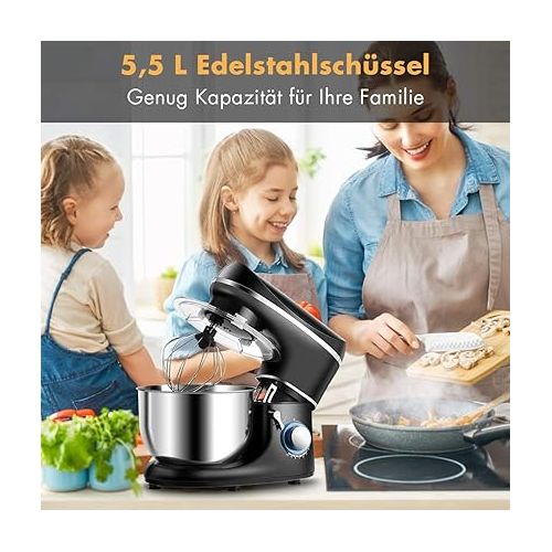  DREAMADE Food Processor Mixer, 5.5 L, Kneading Machine with 3 Mixing Tools & Stainless Steel Mixing Bowl, 10 Speed with LED Light, Dough Maker for Sponge Dough, Bread Dough, Ice Cream (Black)