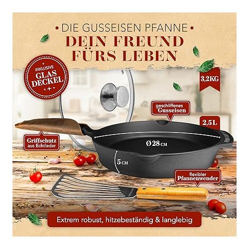  KRUSTENZAUBER 28 cm Cast Iron Pan Induction Set - Finely Polished Cast Iron Pan - Ideal Grill Pan Induction Iron Pan, Cast Iron Pan, Frying Pan, Cast Iron Pan Skillet Cast Iron Pan