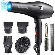 HappyGoo Professional Ion Hair Dryer 2400W Phone with 1 Diffuser, 4 Styling Nozzles, 2.5m Power Cable, Strong Phone for Family, Hair Salon, Hairstyles, Black