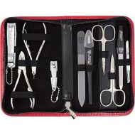 DREI SCHWERTER - Germany 10-Piece Travel Set 'Spezia' | Nail Care Set in Red Faux Leather Case | Contents: Nail Scissors, Cuticle Scissors, Nail Clippers, Tweezers, Glass Nail File and much more