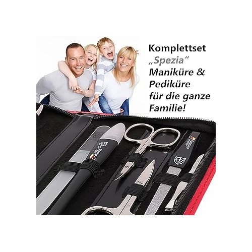  DREI SCHWERTER - Germany 10-Piece Travel Set 'Spezia' | Nail Care Set in Red Faux Leather Case | Contents: Nail Scissors, Cuticle Scissors, Nail Clippers, Tweezers, Glass Nail File and much more