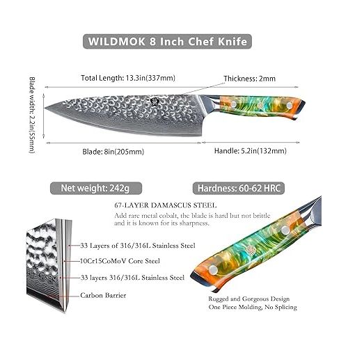  WILDMOK Damascus Knife Chef's Knife 67 Layers Damascus Steel Kitchen Knife 20.8 cm Sharp Blade with Full Tang Resin Handle