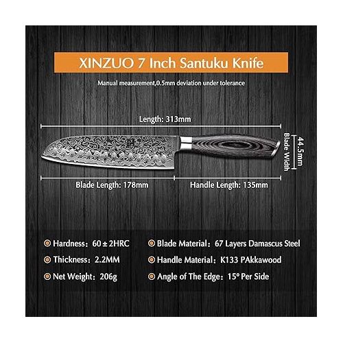  XINZUO Ya Series Santoku Kitchen Knife 17.8 cm Damask Chef's Knife 67 Layers Damascus Knife with Pakkawood Handle