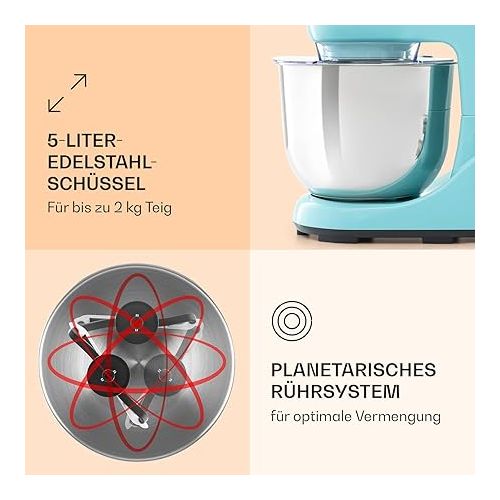  Klarstein Bella Food Processor - Kneading and Mixing Machine with 6 Speed Levels, Stainless Steel, Pulse Function, Planetary Mixing System, 3 Mixing Attachments, 1,300W, Turquoise
