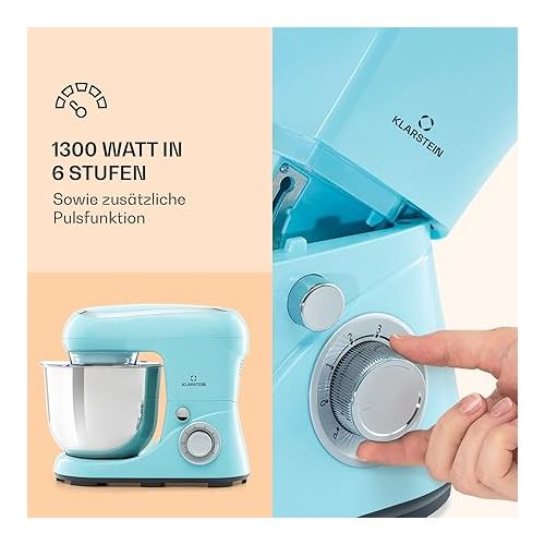  Klarstein Bella Food Processor - Kneading and Mixing Machine with 6 Speed Levels, Stainless Steel, Pulse Function, Planetary Mixing System, 3 Mixing Attachments, 1,300W, Turquoise