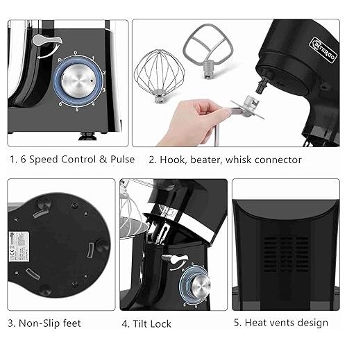  Food Processor 1500 W Kneading Machine with 6.2 L Stainless Steel Bowl, 6 Speeds, Mixing Machine, Dough Machine Including Whisk, Dough Hook, Whisk, Splash Guard and Dough Scraper, Black