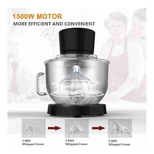  Food Processor 1500 W Kneading Machine with 6.2 L Stainless Steel Bowl, 6 Speeds, Mixing Machine, Dough Machine Including Whisk, Dough Hook, Whisk, Splash Guard and Dough Scraper, Black