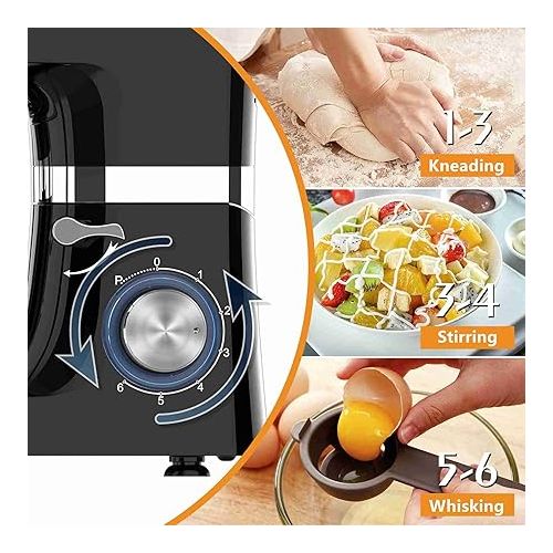  Food Processor 1500 W Kneading Machine with 6.2 L Stainless Steel Bowl, 6 Speeds, Mixing Machine, Dough Machine Including Whisk, Dough Hook, Whisk, Splash Guard and Dough Scraper, Black