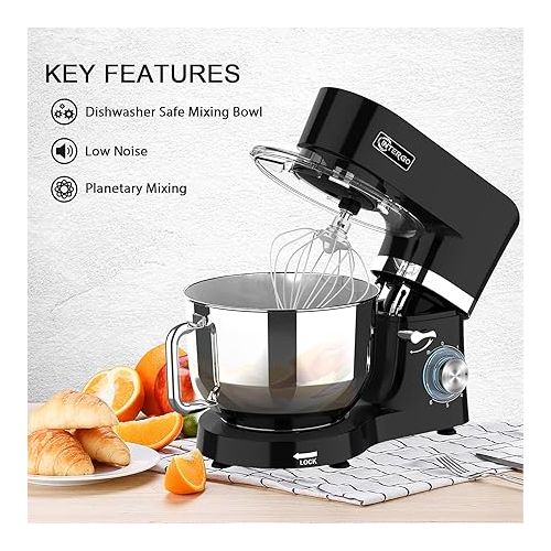  Food Processor 1500 W Kneading Machine with 6.2 L Stainless Steel Bowl, 6 Speeds, Mixing Machine, Dough Machine Including Whisk, Dough Hook, Whisk, Splash Guard and Dough Scraper, Black