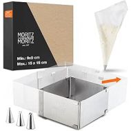 Moritz & Moritz Rectangular Baking Frame Adjustable 9 cm to 15 cm - Stainless Steel Baking Mould Square with Baking Accessories - With 10 Piping Bags and 3 Attachments