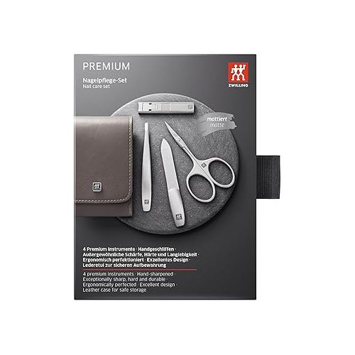  ZWILLING Manikureset (4 Teilig, Professionelles Nagelpflegeset aus Echt Leder mit Reißverschluss, mit Kompakt-Nagelknipser), Premium, Taupe