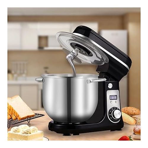  Biolomix Kitchen Electric Stand Mixer, 6-Speed Food Processor with Tilting Head and 6L Stainless Steel Bowl, Kneading Machine, Flat Stirrer, Whisk and Splash Guard Cover