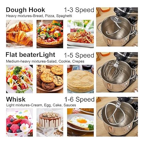  Biolomix Kitchen Electric Stand Mixer, 6-Speed Food Processor with Tilting Head and 6L Stainless Steel Bowl, Kneading Machine, Flat Stirrer, Whisk and Splash Guard Cover