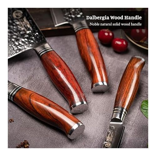  YARENH Damascus Knife Set of 4, Professional Knife Set, Kitchen Knife, 73 Layers Damascus Steel, with Sandalwood Handle, Utility Knife, Santoku Knife, Chopping Knife, Chef's Knife