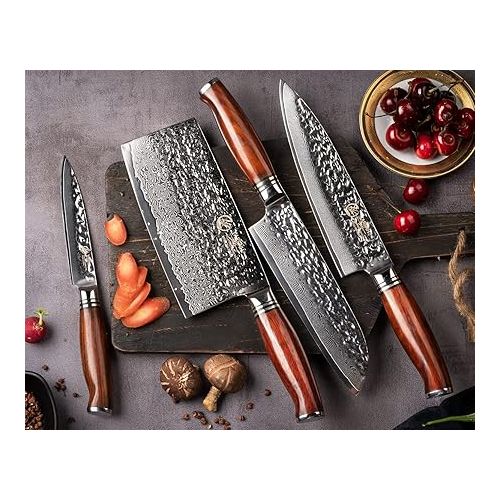  YARENH Damascus Knife Set of 4, Professional Knife Set, Kitchen Knife, 73 Layers Damascus Steel, with Sandalwood Handle, Utility Knife, Santoku Knife, Chopping Knife, Chef's Knife