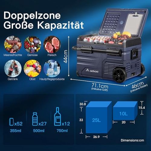  AAOBOSI 35L Compressor Cool Box Dual Zone, Cool Box Car with WiFi App Control, USB Connection, 12/24 V and 100-240 V Cool Box up to -20 °C for Car, Truck, Boat, Motorhome, Camping