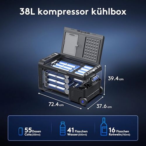  AAOBOSI Kompressor Kuhlbox 38L, Kuhlbox Auto Mit WiFi-APP-Steuerung USB-Anschluss, 12/24V und 100-240V Kuhlbox Elektrisch, bis -20 °C fur Auto, LKW, Boot, Reisemobil, Camping