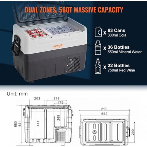  VEVOR Camping Fridge 55 L Cool Box, 12/24 V Rollable Electric Freezer Box 2 in 1 Double Zone, Car Fridge Compressor for Keeping Warm and Cooling 60 W Portable Handle Boat, Truck, Mobile Grey