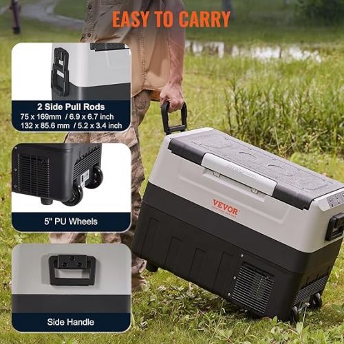  VEVOR Camping Fridge 55 L Cool Box, 12/24 V Rollable Electric Freezer Box 2 in 1 Double Zone, Car Fridge Compressor for Keeping Warm and Cooling 60 W Portable Handle Boat, Truck, Mobile Grey