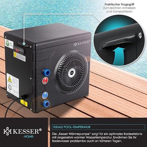  KESSER® Heat Pump for Pools Swimming Pools up to 20,000 L Water Capacity, Pool Heating Output 3.9 kW, 220 V Operating Voltage Water Connection Diameter 32/38 mm Flow Sensor Digital Control Black