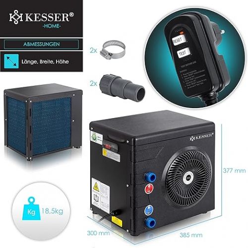  KESSER® Heat Pump for Pools Swimming Pools up to 20,000 L Water Capacity, Pool Heating Output 3.9 kW, 220 V Operating Voltage Water Connection Diameter 32/38 mm Flow Sensor Digital Control Black