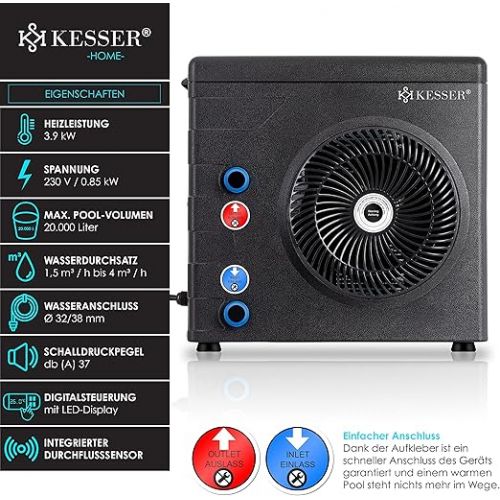  KESSER® Heat Pump for Pools Swimming Pools up to 20,000 L Water Capacity, Pool Heating Output 3.9 kW, 220 V Operating Voltage Water Connection Diameter 32/38 mm Flow Sensor Digital Control Black