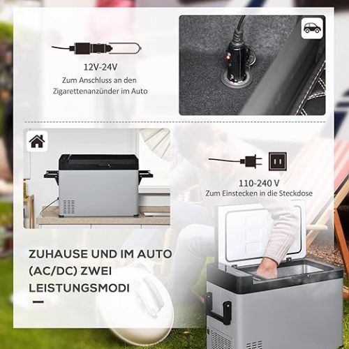  Outsunny Car Cool Box 50 L with LCD Display 2 Modes Compressor Car Fridge with Handles Boat Camper Travel 12/24V DC and 110-240V AC Grey + Black