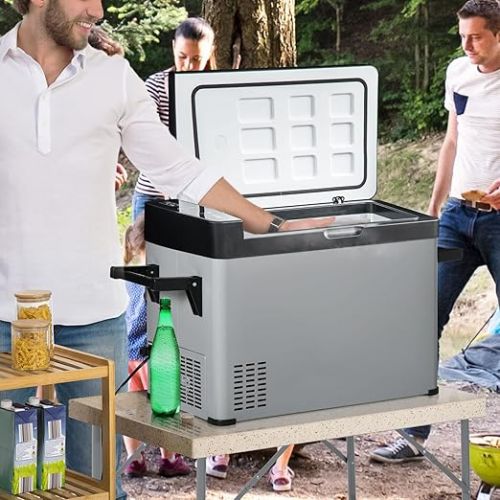  Outsunny Car Cool Box 50 L with LCD Display 2 Modes Compressor Car Fridge with Handles Boat Camper Travel 12/24V DC and 110-240V AC Grey + Black