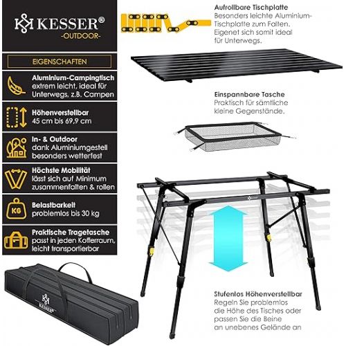  KESSER® Folding Camping Table with Aluminium Frame Roll-Up Table Top Folding Table Folding Table Foldable Height Adjustment Including Carry Bag with Carry Strap 90 x 53 cm - up to 30 kg, Black