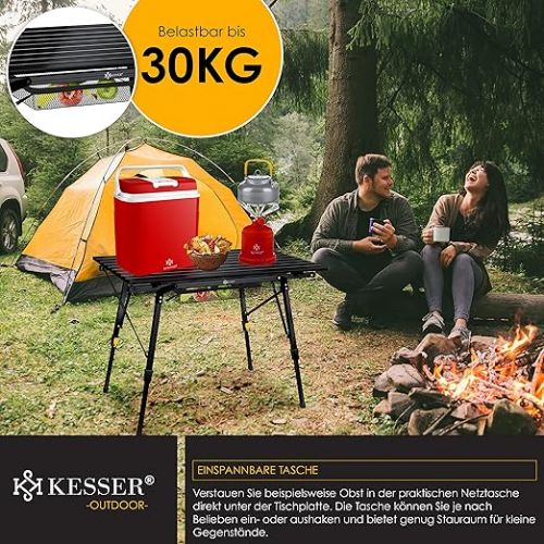  KESSER® Folding Camping Table with Aluminium Frame Roll-Up Table Top Folding Table Folding Table Foldable Height Adjustment Including Carry Bag with Carry Strap 90 x 53 cm - up to 30 kg, Black