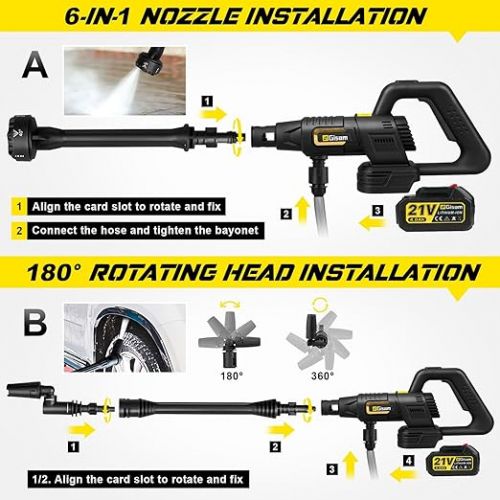  Akku Hochdruckreiniger, Gisam Pressure Washer Max 35Bar, Druckreiniger Mobiler mit 2x4.0Ah Batterien, 6-in-1-Multifunktionsduse, 180° Drehbare Duse, Schaumspruher, 5M Schlauch | Reinigung Bewasserung