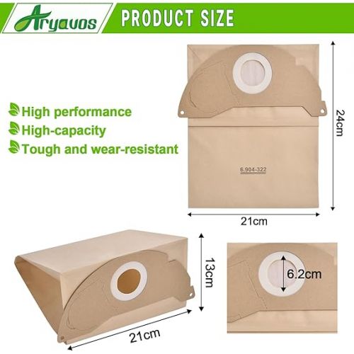  Aryavos Pack of 10 WD 2 Bags for Karcher 6.904-322.0 Paper Filter Bags, Vacuum Cleaner Bags for Karcher WD2 Premium MV2, WD2.200 to WD2.550 A2004 A2054 A2099 Paper Filter Bags Dust Bags