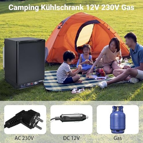  Techomey Gas Fridge 40 L, Camping Fridge 12 V 230 V Gas, Quiet Fridge for Caravans, Motorhome Fridge, 28/30 mbar, Black