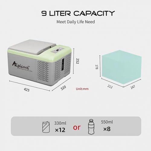  Alpicool C9P 9L Cool Box 12 V Mini Fridge Electric Compressor Car Fridge Camping Freezer Box Small Portable for Car, Truck, Boat, RV