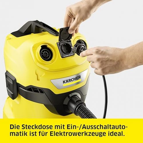  Karcher WD 4 P V-20/5/22 Wet & Dry Vacuum Cleaner, Plastic Container, Yellow, 5 m Cable, 2.2 m Suction Hose, with Device Socket, Clips Floor Nozzle, Pull & Push Locking System, Yellow