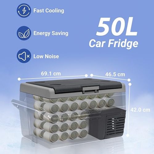  Techomey 50L Mini Cool Box with Removable Wheels, Silent Electric Fridge and Freezer, 12 V Fridge for Camping, Truck, Boat