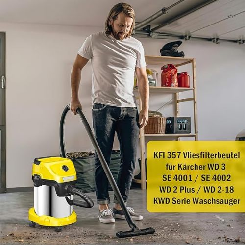  NIXOOT 12 Stuck KFI 357 Vliesfilterbeutel fur Karcher WD 3 /WD 2 Plus/WD 2-18 /SE 4001 /SE 4002 /MV2 /MV3 /KWD Serie Waschsauger, Große Kapazitat Staubbeutel Nass Trockensauger Ersatzteile Zubehor