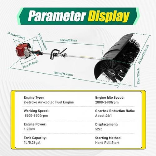  Begoniape Petrol Sweeper, 52 CCM 2.3 HP Petrol Powered Sweeper, Handheld Sweeper Snow Shovel for Cleaning Artificial Grass, Janitorial Activities, Street Cleaning and Yard Cleaning