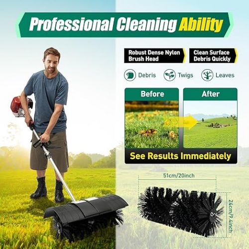  Begoniape Petrol Sweeper, 52 CCM 2.3 HP Petrol Powered Sweeper, Handheld Sweeper Snow Shovel for Cleaning Artificial Grass, Janitorial Activities, Street Cleaning and Yard Cleaning